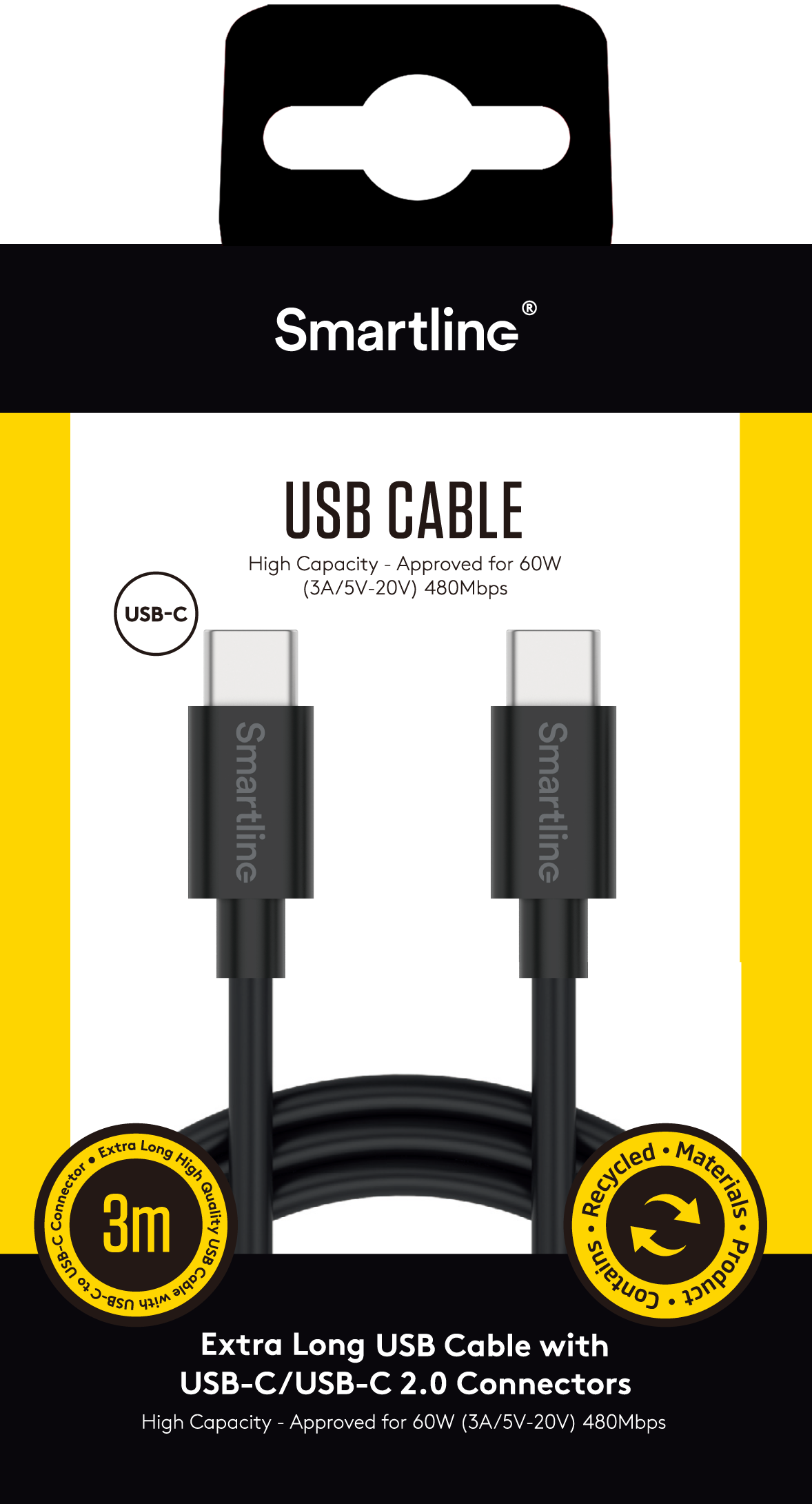 USB-kabel USB-C - USB-C 3m svart