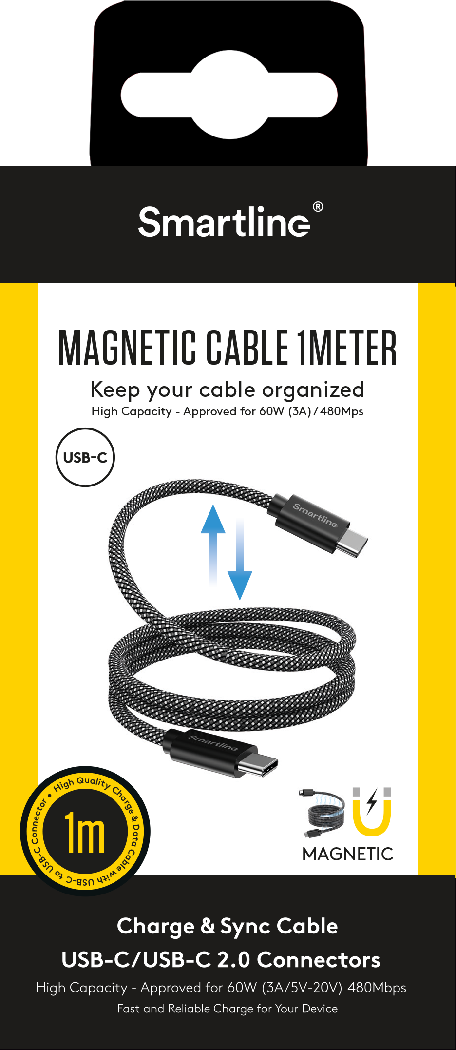 Magnetisk USB-C -> USB-C Kabel 1m svart