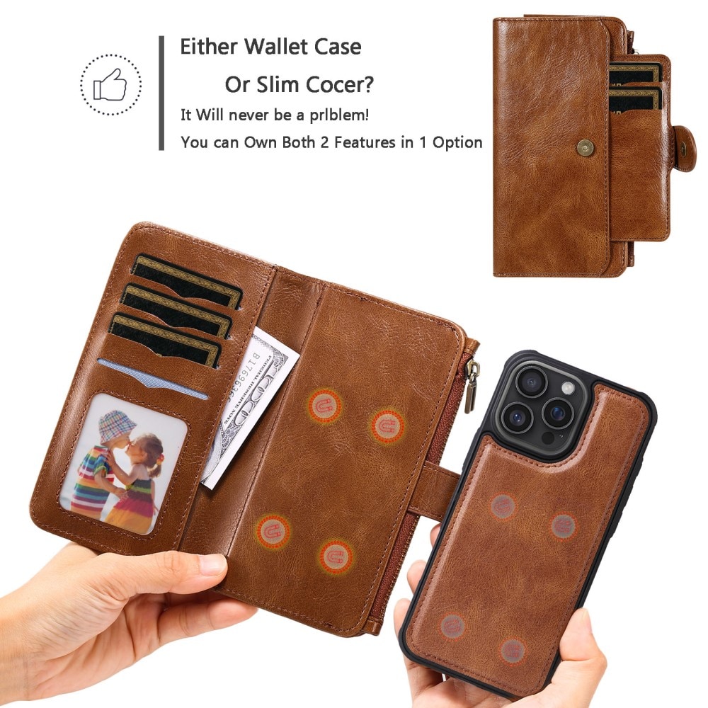 Magnet Leather Multi-Wallet iPhone 16 Pro Max brun