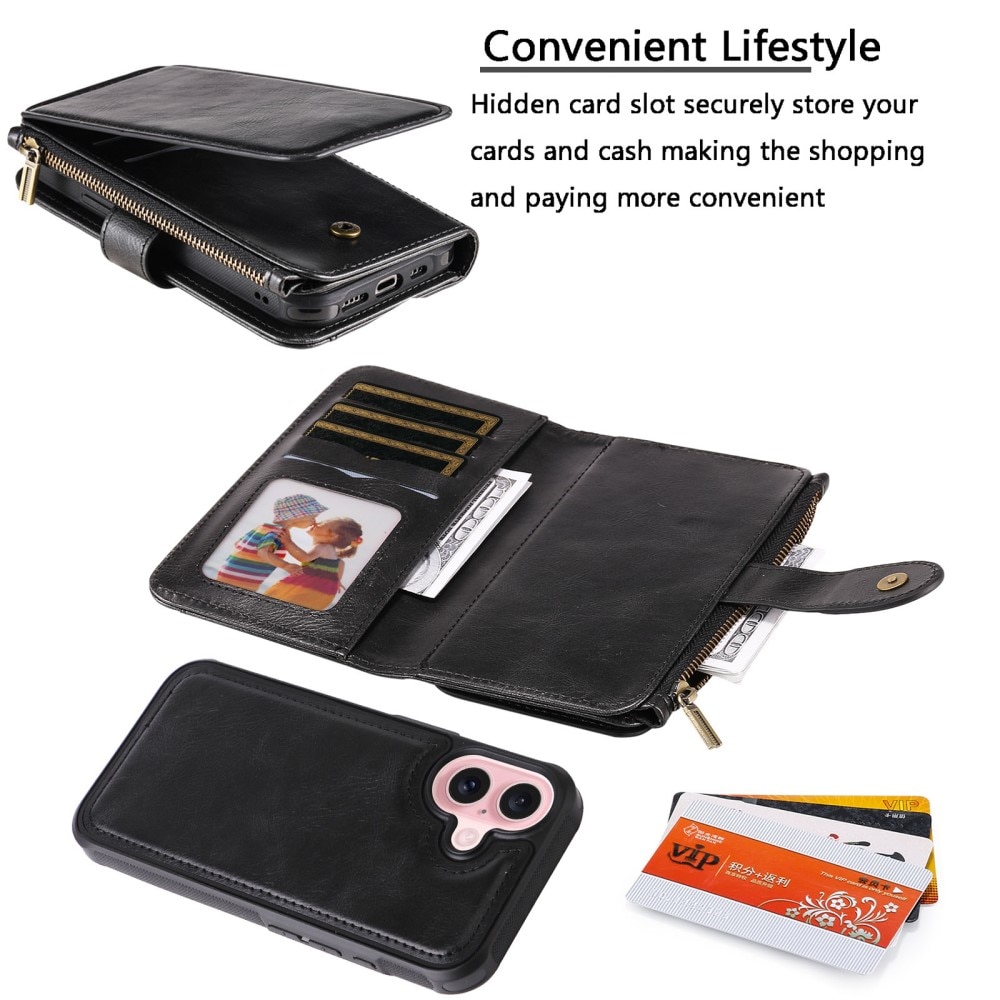 Magnet Leather Multi-Wallet iPhone 16 svart