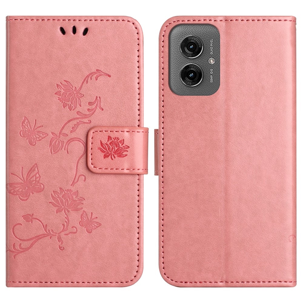 Läderfodral Fjärilar Motorola Moto G55 rosa