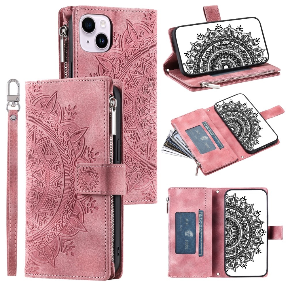 Plånboksväska iPhone 15 Mandala rosa
