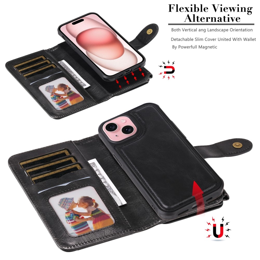 Magnet Leather Multi-Wallet iPhone 15 svart