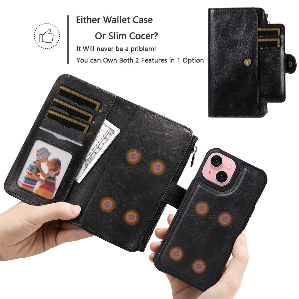 Magnet Leather Multi-Wallet iPhone 15 svart