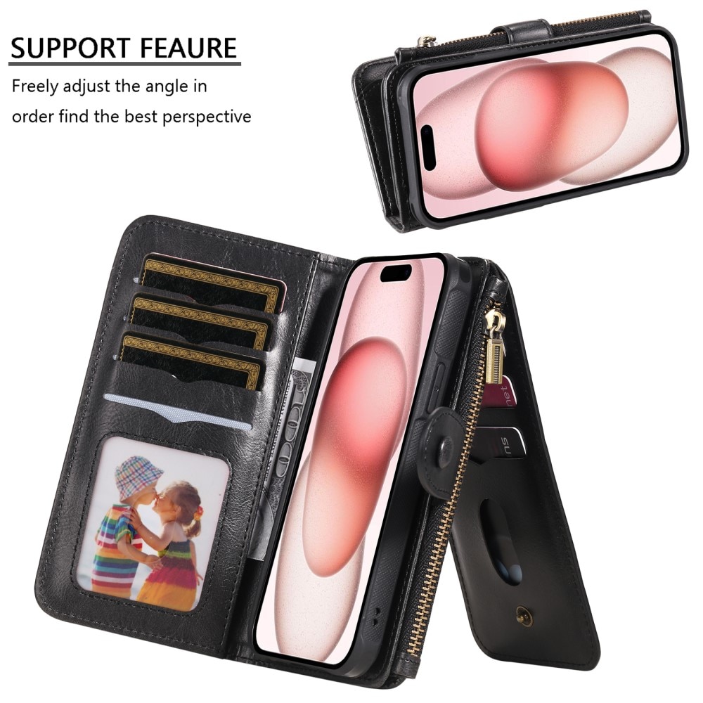 Magnet Leather Multi-Wallet iPhone 15 svart