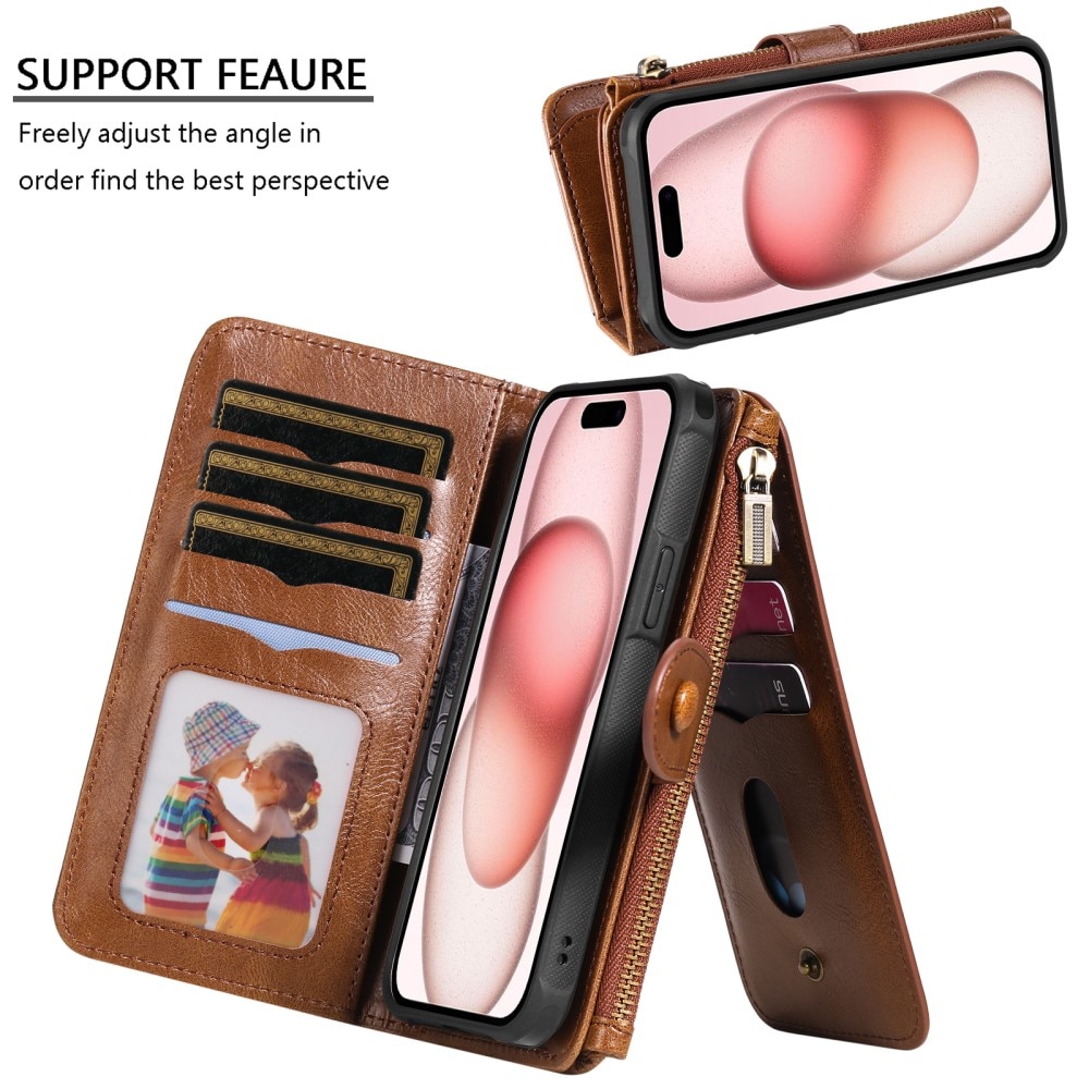 Magnet Leather Multi-Wallet iPhone 15 brun