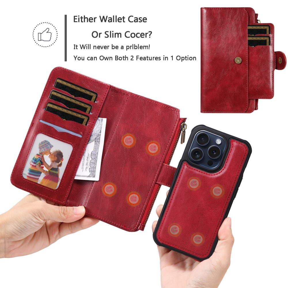 Magnet Leather Multi-Wallet iPhone 15 Pro röd