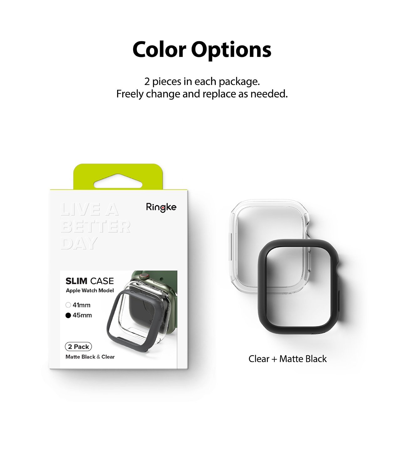 Slim Case (2-pack) Apple Watch 45mm Series 9 Matte Black & Clear
